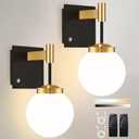 Black Gold Battery Operated Wall Sconce Set of 2, 3000K/4500K/6000K Rechargeable Wall Light with Remote Control, Wireless Wall Lamp with Milk White Glass Lampshades for Living Room, Bedroom 2 Pack