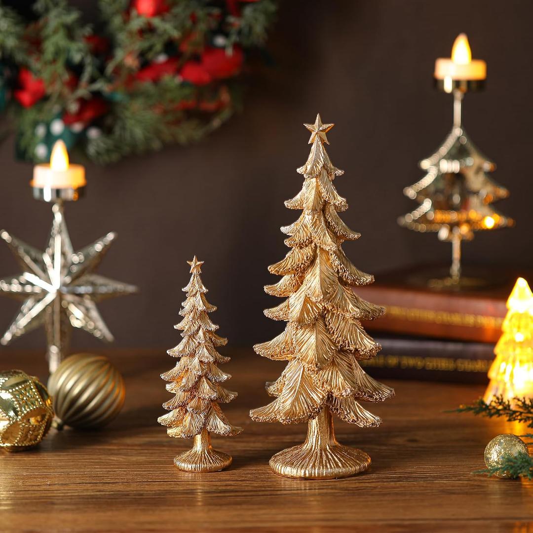 Pinkunn 2 Pcs Gold Christmas Tree Figurines Glitter Resin Christmas Tree Table Decorations Modern Decorative Xmas Trees Table Centerpiece for Holiday Mantel Indoor Home Decor