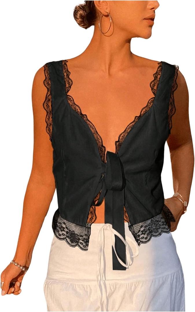 SOLY HUX Women's Y2k Lace Trim Open Tie Front Tank Top V Neck Sleeveless Tops (Plain Black) XL
