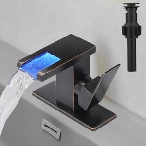 Hoimpro LED Waterfall Bathroom Faucet Oil Rubbed Bronze, Single Handle Bathroom Sink Faucet 1 Hole, 3 Colors Light Changing, with Pop-up Drain and cUPC Supply Lines, Stainless Steel