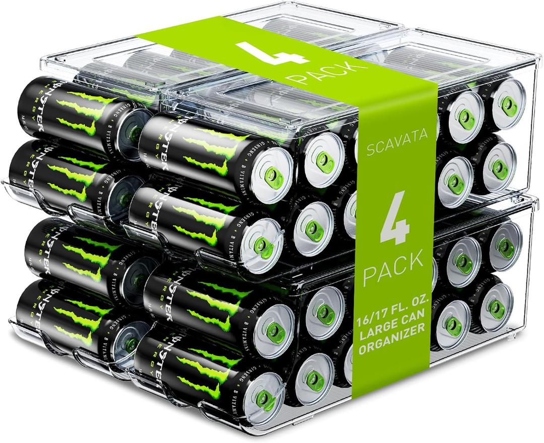 4 Pack Tall Skinny Can Organizer for Refrigerator, Stackable Large Soda Cans of 16oz & 17oz Beverage Energy Drink Container Holder Dispenser with Lid for Fridge, Clear Storage Plastic Bins (Transparent)