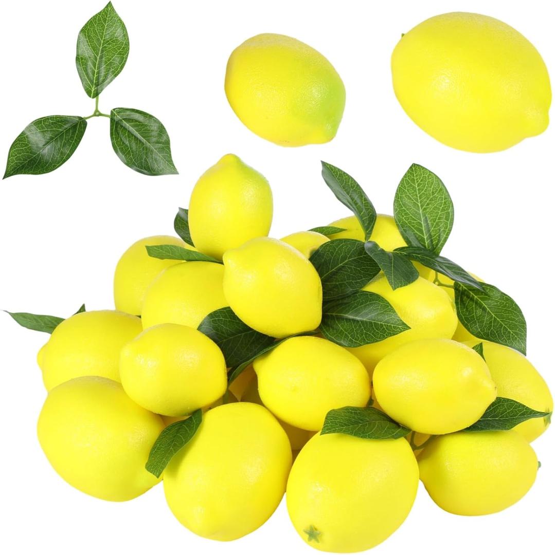 Homaisson 48 PCS Artificial Lemons with Leaves, 2 Sizes Fake Yellow Lemons, Lemon Decor for Summer-Themed Party Table Centerpiece, Realistic Fruits Photography Props
