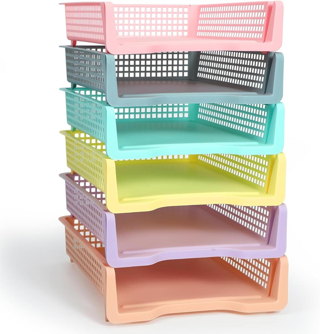 Tenceur 6 Pcs Turn in Trays Classroom, Pastel Paper Tray for Classroom Organization and Storage Stackable Plastic Book Baskets Teacher Organizers for Library Drawers Office Desk (13.3 x 9.5 x 2.7 Inches)