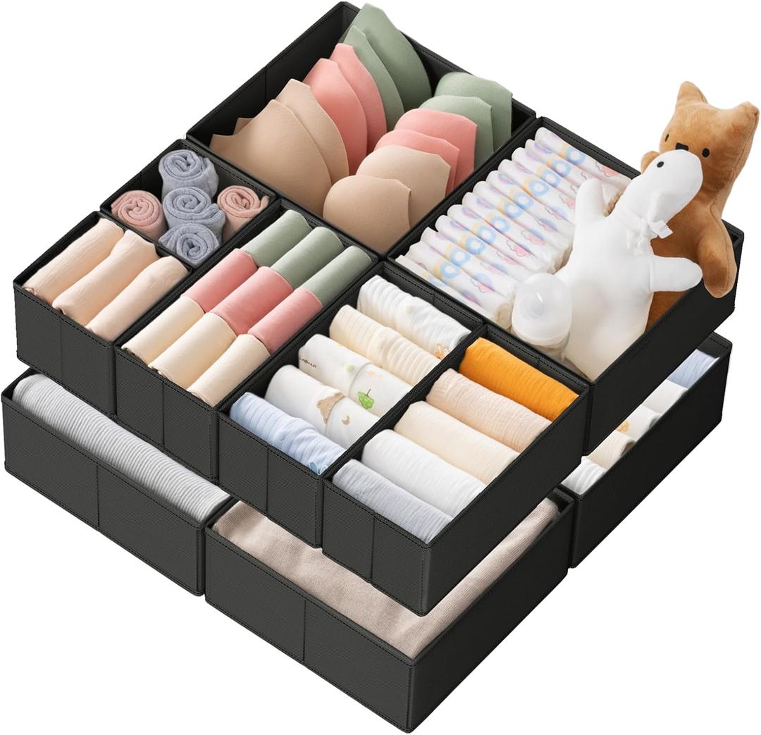 Criusia Drawer Organizer Clothes, 10 Pack Dresser Organizer for Baby Clothes, Underwear, Sock- Foldable Closet Organization and Storage Dividers Bins for Nursery, Bedroom (Black)