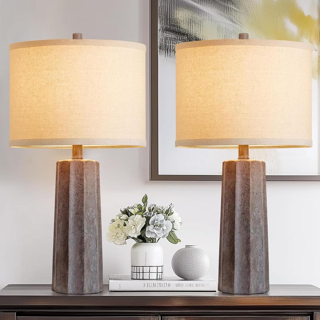 RORIANO 24'' Farmhouse Resin Table Lamps Set of 2 for Bedroom Living Room Vintage Traditional Desk Lamps Rustic Nightstand Bedside Lamps for Office Entryway, 2 Bulbs Included (Earth Brown)