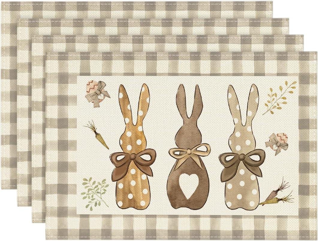Artoid Mode Buffalo Plaid Bunny Happy Easter Placemats Set of 4, 12x18 Inch Seasonal Holiday Table Mats for Party Kitchen Dining Decoration (Brown)