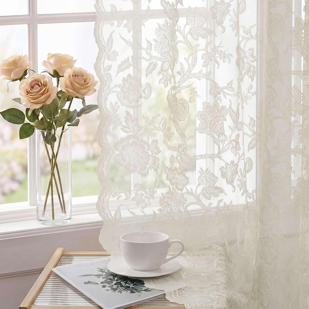 H.VERSAILTEX Lace Curtains 90 Inch Length Vintage Victorian Sheer Curtain 2 Panels Rod Pocket with French Country Floral, Light Filtering Privacy Sheers for Bedroom Living Room, 52" W x 90" L Ivory