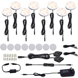 AIBOO LED Under Cabinet Puck Lights Kit with Touch Dimming Switch for Accent Display in Cabinet Lighting (8 Lights,Warm White)