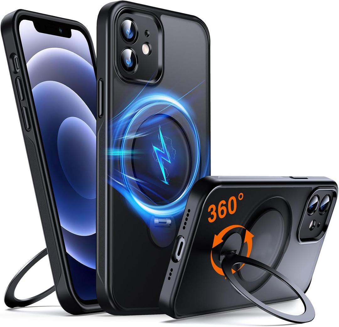 360 O-Ring MagStander for iPhone 12 Case, iPhone 12 Pro Case with Magnetic Stand Ring Holder [Compatible with MagSafe] [Military Shockproof] Kickstand iPhone 12/12 Pro Phone Cover, Black