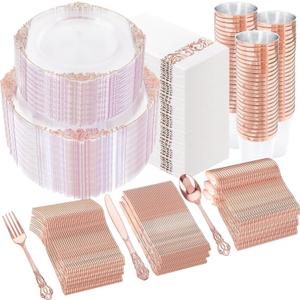YOUBET 700PCS Rose Gold Plastic Dinnerware Set for Wedding Party
