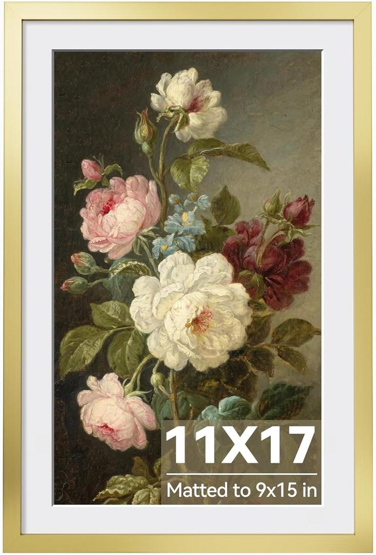 HappyHapi 11x17 Picture Frame Gold, Gold Picture Frames Display Photos 9x15 with Mat or 11x17 Without Mat, 1 Pack Plastic Frame for Wall for Home Decor