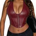 Women's Y2K Leather Halter Top Backless Corset Bustier Top Lace Up Sexy Going Out Crop Tank Halter Neck Party Club (Burgundy), XS
