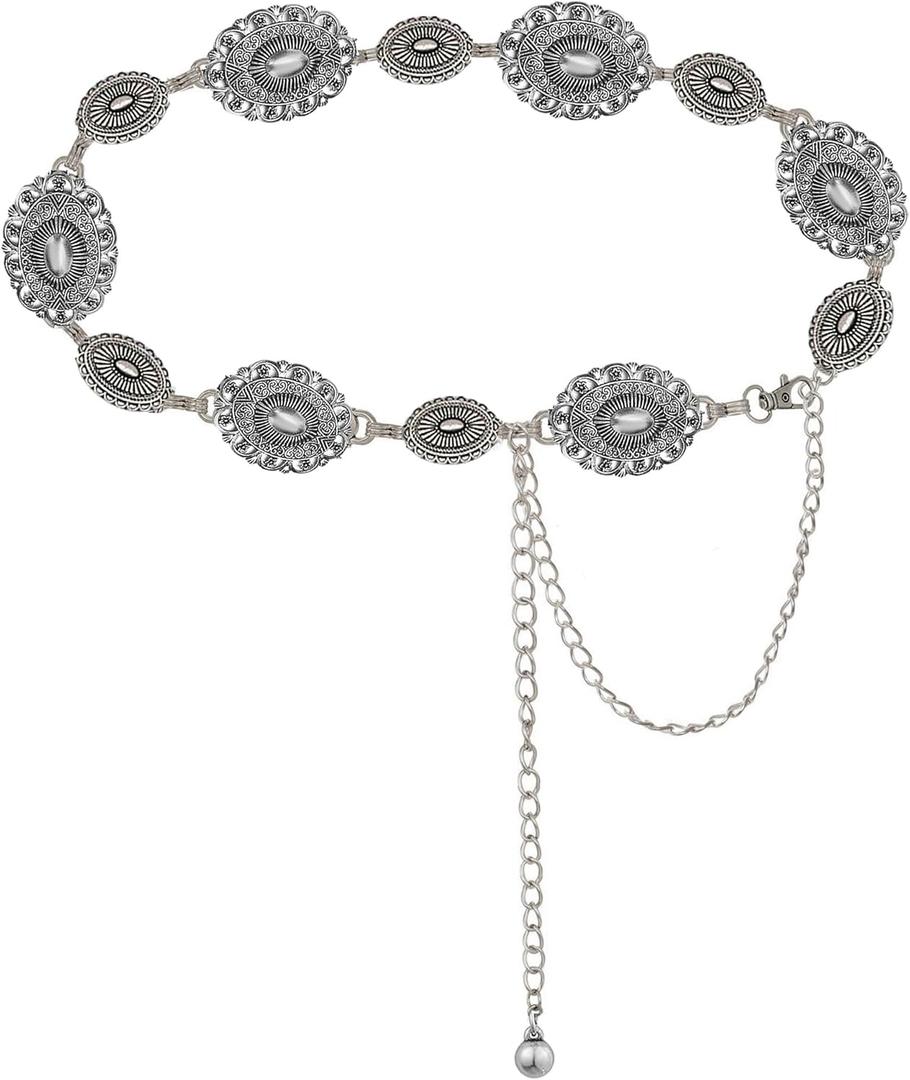 Western-Concho-Belt-Women Cowgirl-Metal-Belts Boho Silver Vintage Turquoise Chain Belt for Dress Jeans (Length 51.1" (29.5"+extended chain 21.6"))
