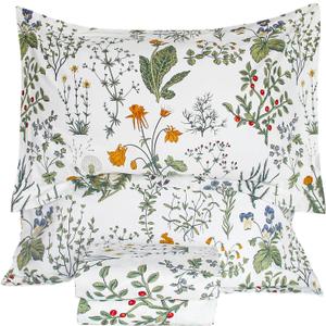 QSH 100% Cotton Sheets for Queen Size Bed, Yellow Flowers Plant Pattern Botanical Luxury Cotton Printed Floral Bedding Sheets Queen Soft and Breathable 4pcs Deep Pocket Queen Sheet Set