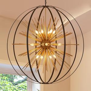 43.3" Black Gold Large Globe Sputnik Chandelier, 18-Light Mid Century Modern Starburst Golden Solid Metal Satellite Light Fixture for High Ceiling Living Room Dining Room Stairway, E12, Globe D43"