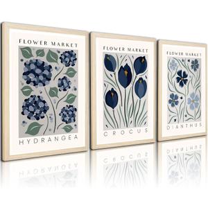 3pcs Framed Canvas Print Blue Floral Botanical Wall Art Vintage Hydrangea Crocus Dianthus Flower Poster Floral Gallery Picture For Bedroom Living Room Decor 16x24 Inches Ready To Hang
