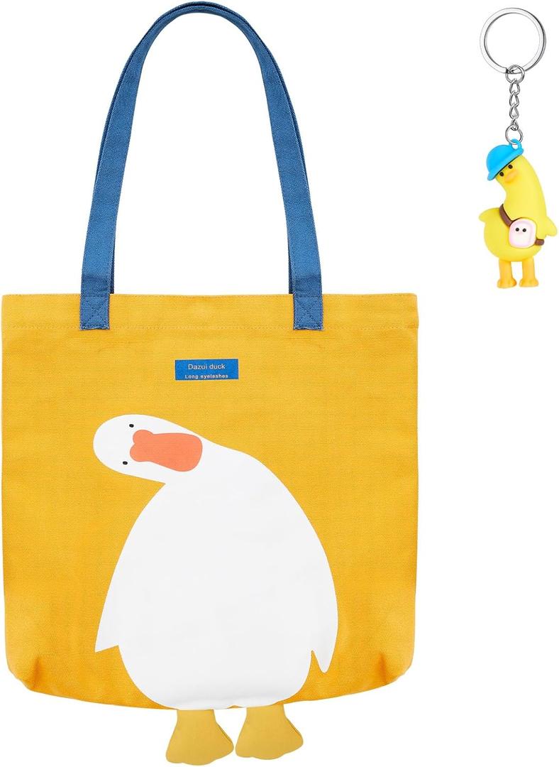 Duck Cute Funny Canvas Tote Bags Reusable Cute Tote with Duck Keychain Graphic Anime Bag for Grocery Shopping Lunch Beach