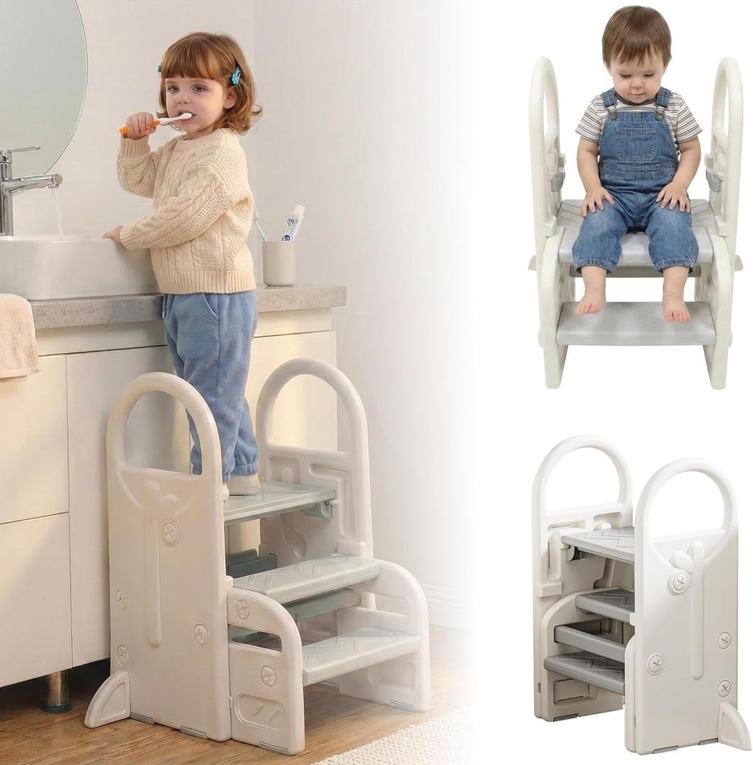 Bathroom Foot Step Stool for Kids, Toddler Step Stool Toilet Potty Training Tower with Handles and Anti-toppling Feet for Toddler (Grey White)