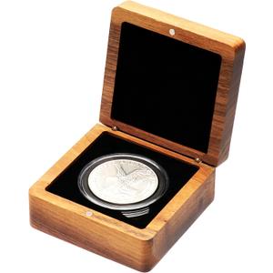 Single Walnut Wood Challenge Coin Presentation Display Box Storage Case Square 8cm and Plastic Coin Capsules with Adjustable Gasket