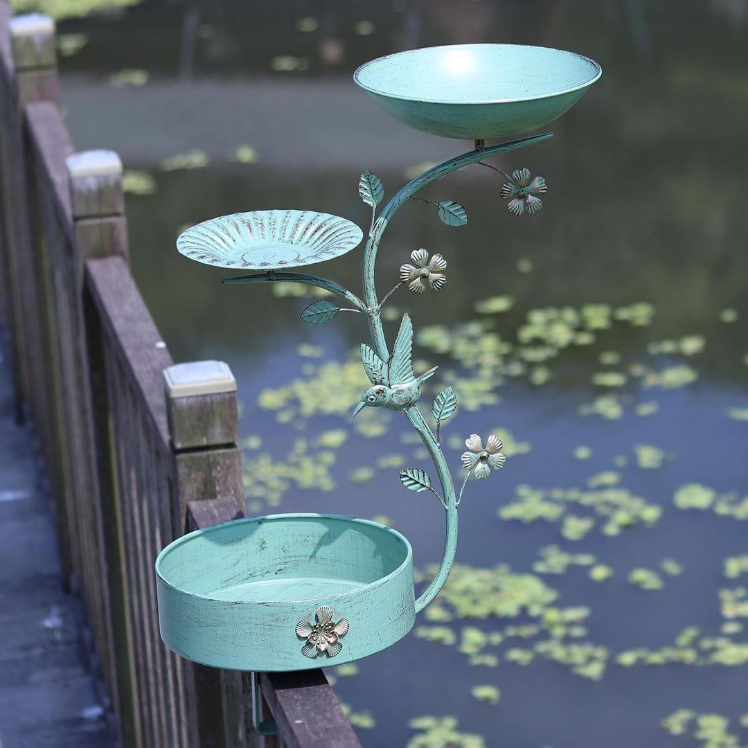 HLQMFHT Deck Bird Bath with Flower Planter Pedestal, Balcony Bird Bath and Bird Feeder, Deck Mounted Bird Bath,for Garden Balcony Patio Deck Railing Decoration,Detachable