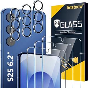 firtstnow 3 Pack for Samsung Galaxy S25 Screen Protector Tempered Glass + 3 Pack Camera Lens Protector, Military Grade Shatterproof, 9H Hardness, Fingerprint Unlock, Case Friendly 6.2 Inch