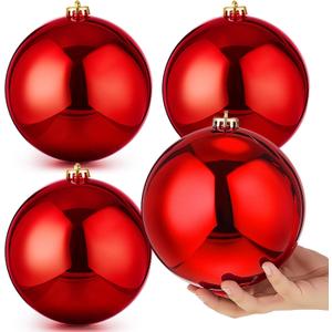 Zubebe 4 Pcs Extra Large Christmas Ball Ornaments 6'' (150 Mm) Giant Oversized Plastic Xmas Ball Big Hanging Christmas Tree Ornaments for Holiday Party Outdoor Decor(Red)