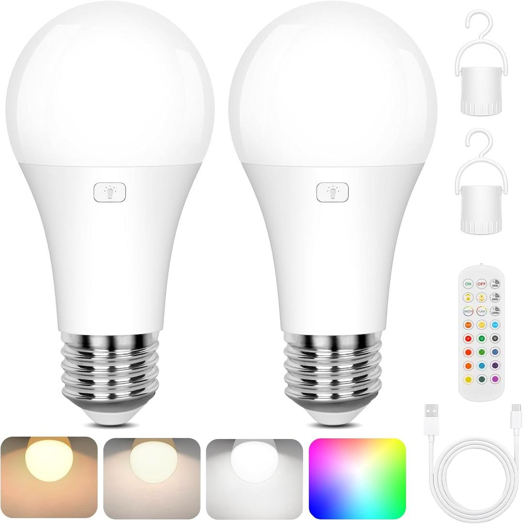 2-Pack A19 Rechargeable Light Bulbs with Remote, 15 Colors Shift + Dimmable Battery Operated Detachable LED Bulbs with 3 Timer, Wireless Emergency Puck Light Bulb for Lamps Wall Sconce, Non-Hardwired