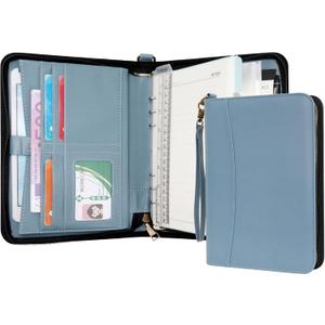 WASON Portfolio A5 Binder Journal with Zipper - Leather pu Writing Notebook Padfolio with Detachable Refillable Notebook, Legal Pad for Business Study and Travel Organizer (Misty blue)