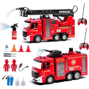 Remote Control Fire Truck Toy Set for Boys, RC Engineering Construction Vehicle with Rescue Ladder Alarm Lights, Hose, Working Water Pump Christmas Birthday Gift for Kids
