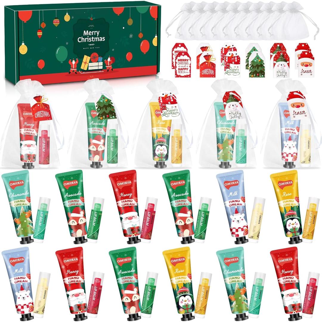 12 Sets Christmas Bulk Gifts For Women, 48 pcs Christmas Hand Cream Lotion & Lip Balm Gifts Set with Organza Bags, Tags for Party Favors, Ideal Christmas Gifts for Women, Coworkers, Teachers (0.04 Ounce (Pack of 24))