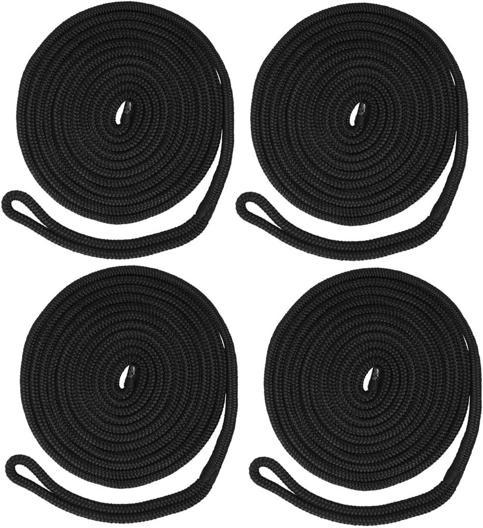 NovelBee 4 Pack of 1/2 Inch x 20 Feet Double Braid Nylon Dockline,Mooring Rope Dock Line with Spliced Soft Eye,Working Load Limit 968 lbs,Breaking Strength 4,840 lbs (4pcs,Black)