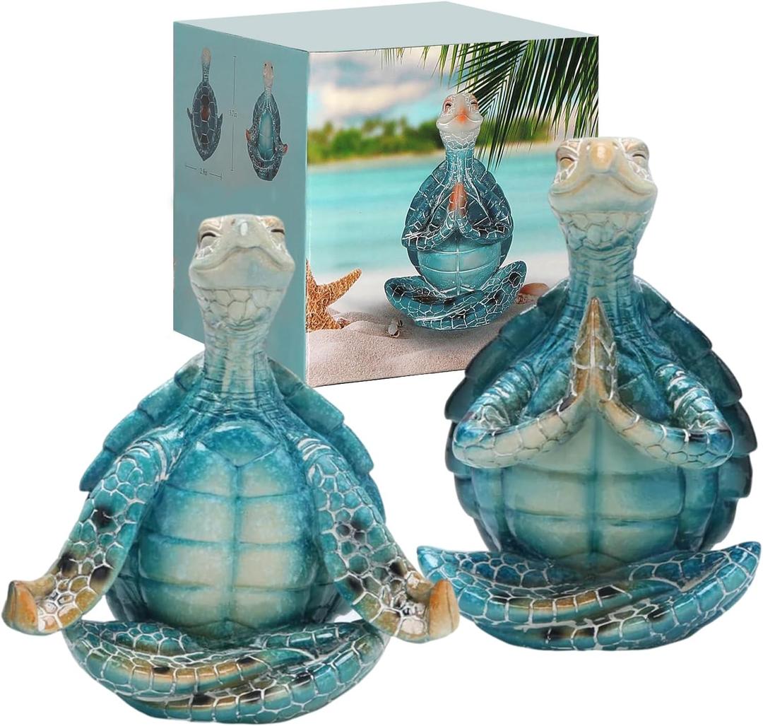 Sea Turtle Meditation Yoga Decor, Coastal Beach Decorations, Zen Resin Statue for Home Office (2PC)