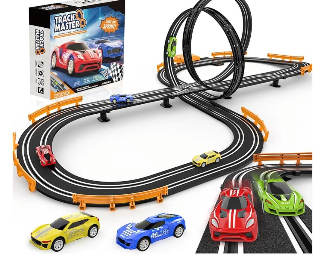 Slot-Car-Race-Track-Sets for Boys Kids, Battery or Electric Race Car Track with 4 High-Speed Slot Cars, Dual Racing Game 2 Hand Controllers Circular Overpass Track, Toys Gifts for 6-8 8-12 Boys Girls