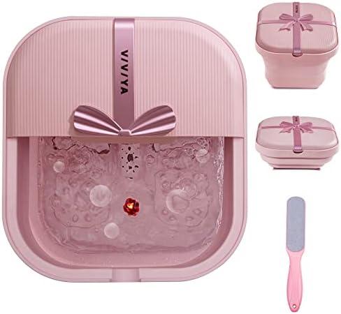 VIVIYA Collapsible Foot Bath Spa with heat and Massage Rollers, Foldable Foot Soak Tub with Bubbles Jets and LED light, Pedicure Foot Spa Massager with Foot Scrubber for Home Use (Pink)