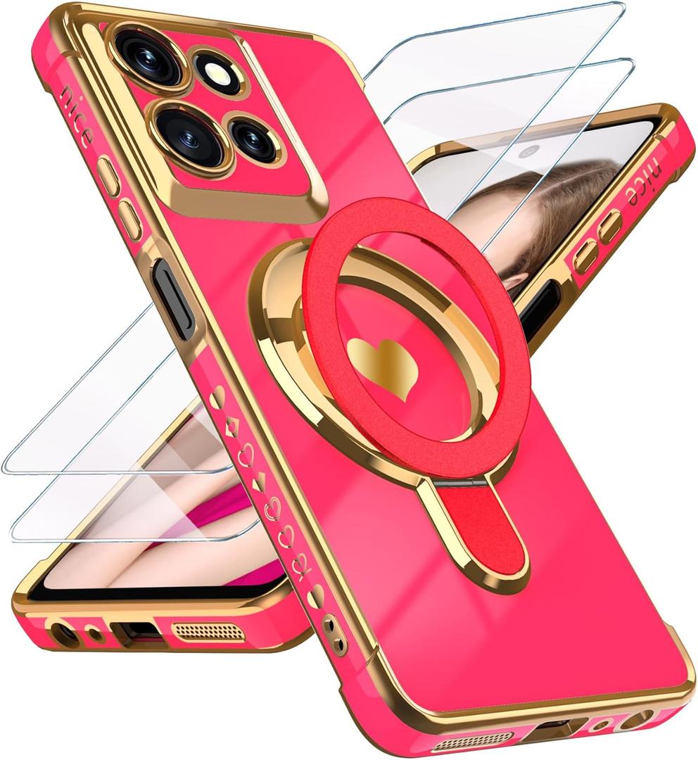 for Motorola Moto G 5G 2025 Love Heart Kickstand Case with 2X Screen Protector: Luxury Plated Gold Edge Slim Soft TPU Shockproof Protection Case Cover for Moto G 5G 2025 (Hot Pink)