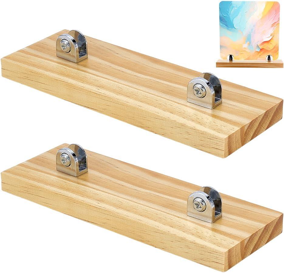 PH PandaHall 2pcs Wood Glass Display Stands Easel Adjustable Glass Art Display Decorative Plate Easel Wood Base Holder for Ceramic Tiles Plaques Photos Home Collectibles Trade Show, 7.8x2.7 Inch