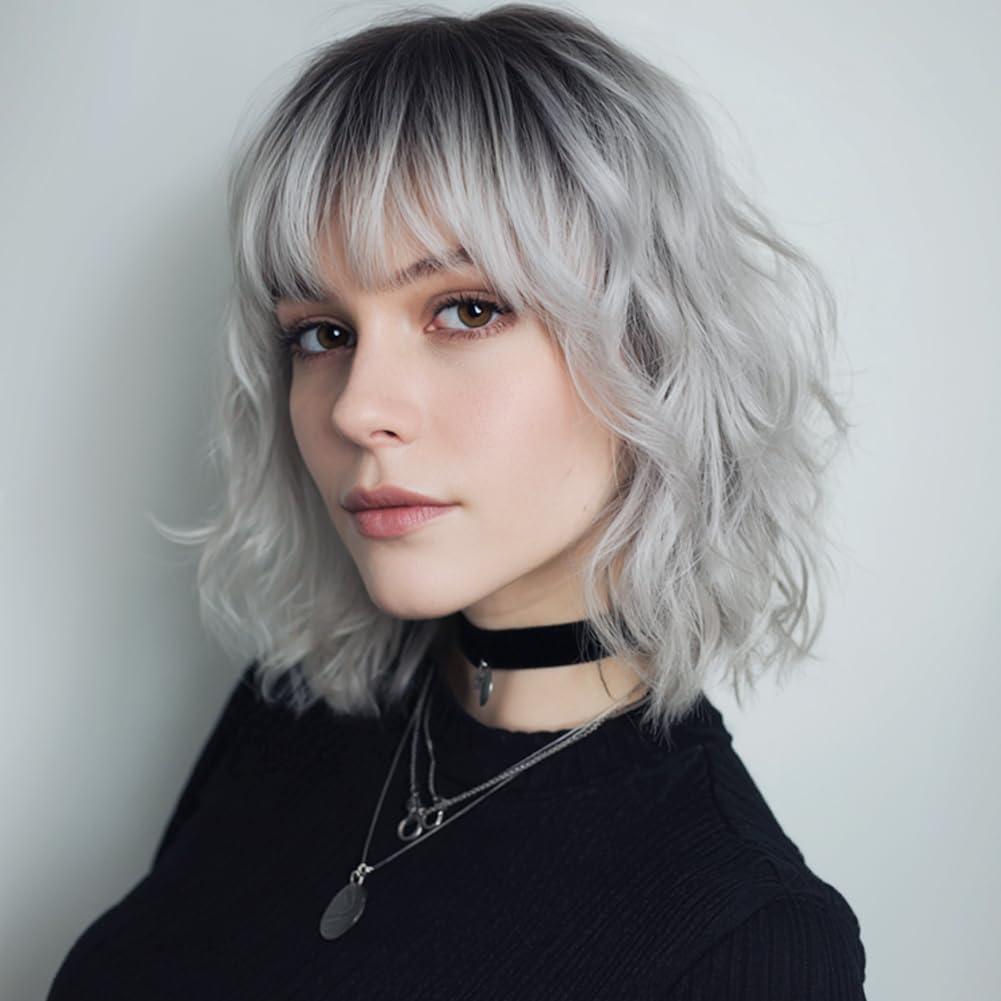 Short Silver Wigs for Women Ombre Grey Wavy Bob Wig with Bangs Medium Length Synthetic Hair Water Wave Dark Roots Wig Gray Colorful Wigs14 Inches
