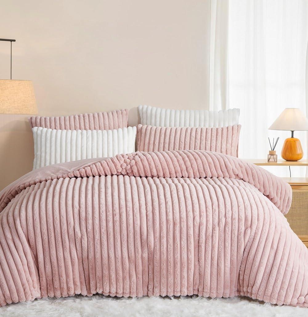 Fluffy Duvet Cover Set Queen Size Pink,Faux Rabbit Fur Plush Fuzzy Furry Bedding Set with Stripped Pattern,Shaggy Winter Warm Comforter Cover with Zipper Closure and 2 Pillow Shams