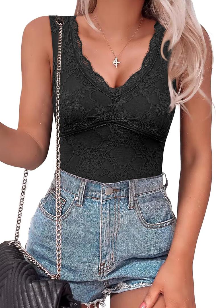 SAUNGKUAI Women's V Neck Sleeveless Bodysuit Going Out Body Suit Tank Tops 2025 Lace Trendy Outfits (Medium, Black)