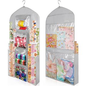 Woodoulogy Hanging Gift Wrapping Paper Storage, 48x24 (Extra Large) Grey Double-Sided Christmas Wrapper Bag Container, Oxford Long Craft Roll Organizer, Present Wrap Holder for Closet, Door