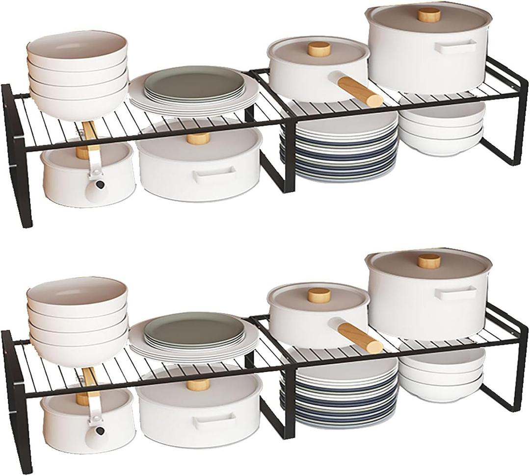 Expandable Cabinet Shelf Rack Set of 2, 13"~24" L X 8" D X 7" H Stackable Kitchen Cabinet Organizer Shelves Set of 2 for Countertop Pantry Cabinet Accessories