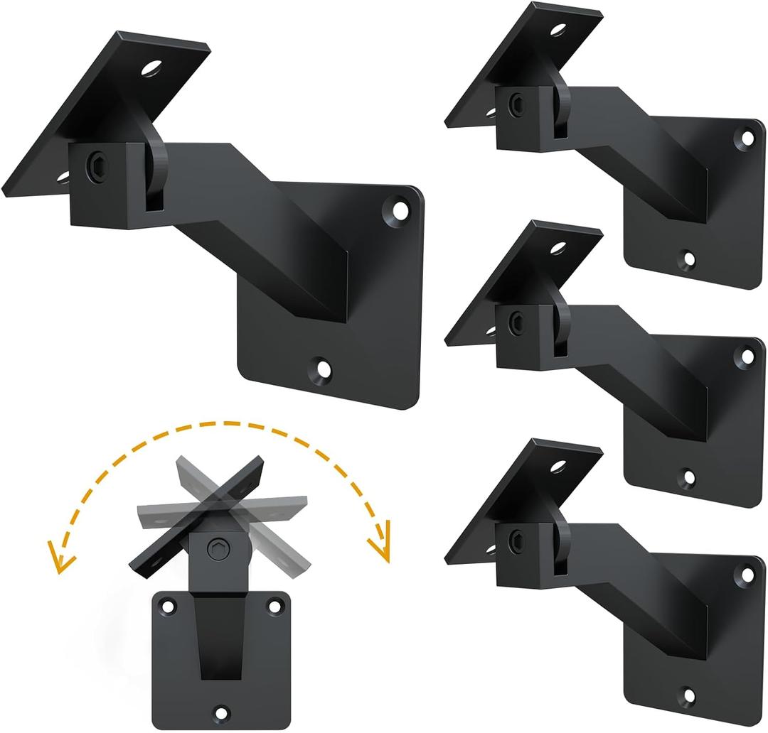 Adjustable Handrail Brackets - Heavy Duty Stair Railing Brackets with Screws, Black Carbon Steel, Wall Mounted for Staircases, Home or Offices (4)