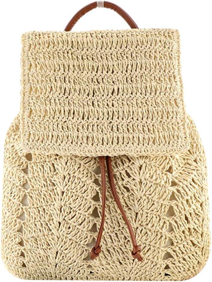 Goclothod Fashion Straw Backpack for Women Drawstring Shoulder Bag Bohemian Beach Handbags
