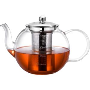 Glass Teapot, Zpose 40oz/1200ml Tea Pot with Removable Stainless Steel Infuser, Clear Glass Tea Kettle with Scale Line, Stovetop Safe Teapot for Blooming Tea & Loose Leaf Tea, Gift Box for Tea Maker (1200ML-Round)