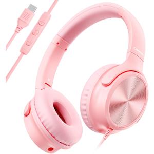 USB C Headphones Wired, Over Ear USB C Wired Headphones with Microphone, Volume Control, HD Stereo Sound, Foldable USB Type C Headphone for Adult/Teens/Laptop/Computer/iPhone 15/16/17, Pink
