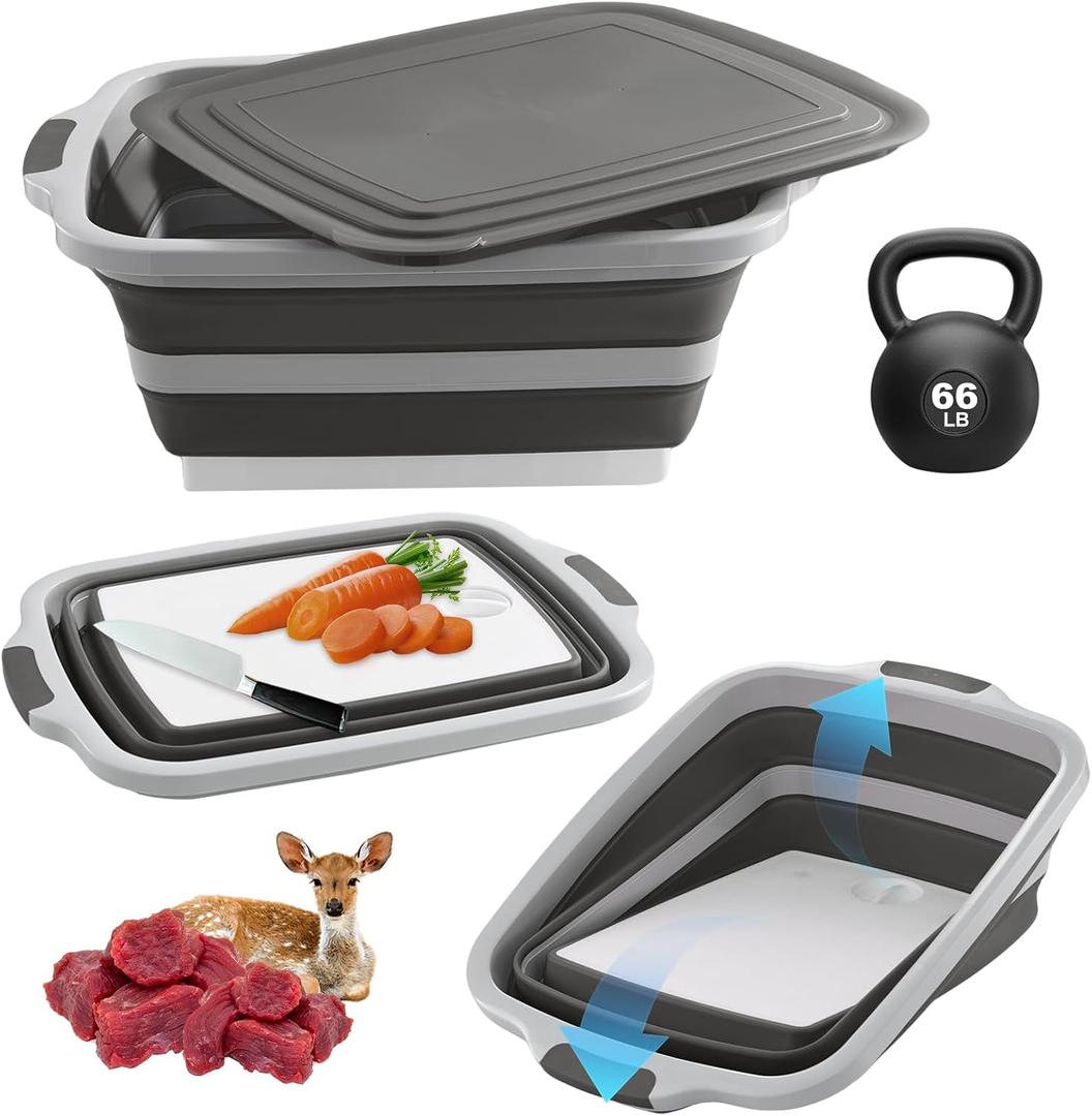 BBQ Prep Tub Collapsible with Cutting Board & Lid - XXL 7.95 Gal / 66 lb - Reusable Grilling Accessories - BPA-Free, Hand Wash (Drain Hole) - Outdoor, Boating, Hunting - Gift for Men