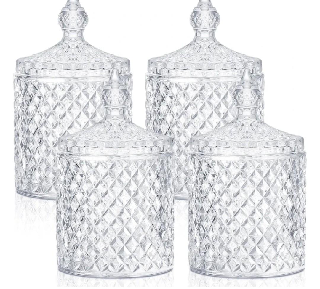 Aoriher 4 Pcs Crystal Glass Candy Jar Set with Lids Home Decorative Storage Jars for Apothecary, Bathroom, Kitchen, and Pantry, Ideal for Cotton Swabs and Jewelry(Large,Clear)