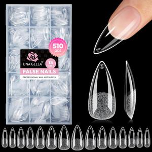 UNA GELLA Stiletto Gel Nail Tips:510Pcs Full Cover Nail Tips Medium Stiletto Almond Pre-etched Fake Clear Acrylic False Nails Sturdy Stiletto Press on Nails for Nail Extensions Home DIY Salon 15 Sizes