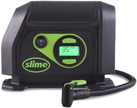 Slime 40051 Tire Inflator, Portable Car Air Compressor, Inflate Right automatic shut off, with Digital 99 psi Display, Long Hose and LED Light, 12V, 6 min inflation