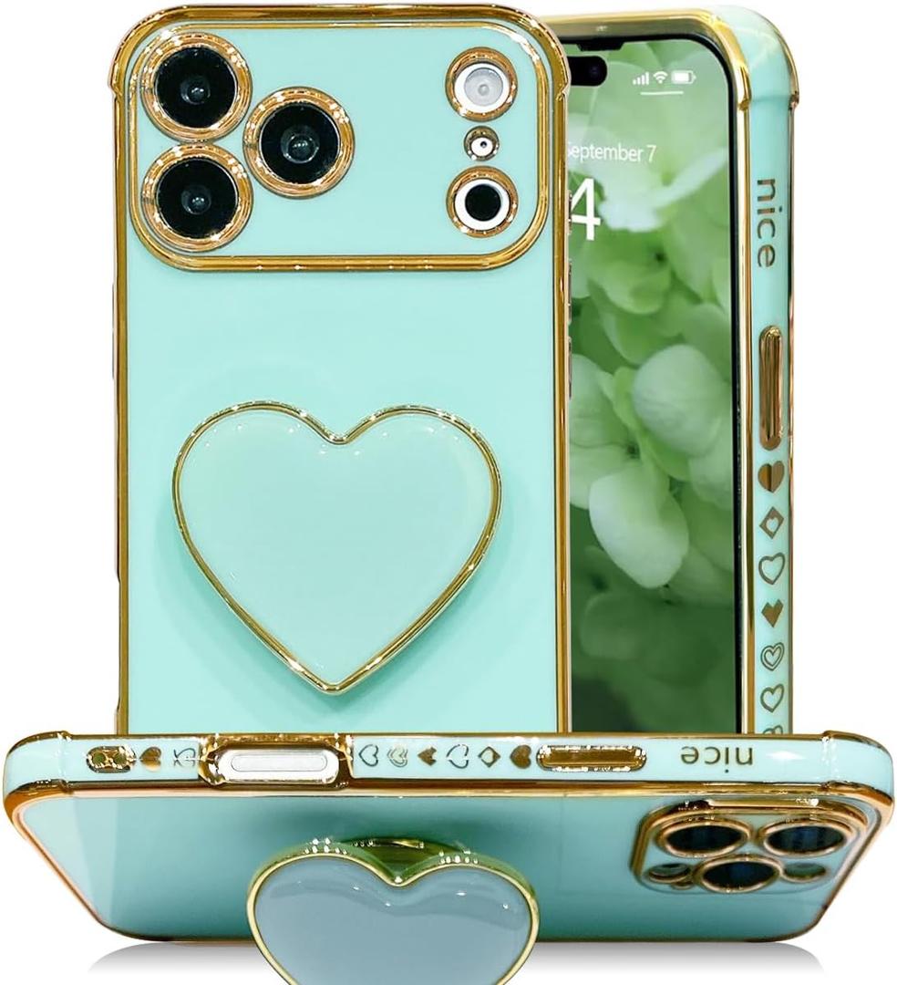 Cute Case for iPhone 17 Pro Max 6.9'', Green Plating Luxuly Phone Heart Case with Love-Heart Kickstand, Soft TPU Shockproof Protective Cover for Girls and Women